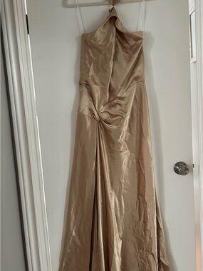 ABS Allen Schwartz Champagne Satin Twist-Front Prom Dress